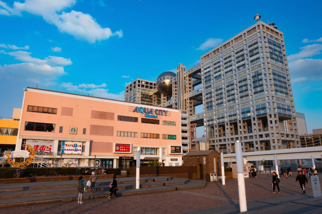 Tokyo, Japan - April 20 2018: Aquacity is a shopping mall featuring various stores, boutiques, restaurants, cafes and a 13 screen cinema complex situated in Odaiba - a man made island in Tokyo Bay