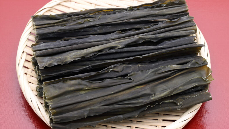 Japanese food kombu kelp in a bamboo basket
