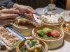 Dum sum including Three-colored Shrimp Dumplings, Honeycomb Tripes, Fried Turnip Cake, Siu Mai, Egg Tart, Barbecued Pork Bun, Pork Ribs in Black Bean Sauce, Sweet and Sour Pork, Steamed Vermicelli Roll or Chee Cheong Fun in the Chinese restaurant.