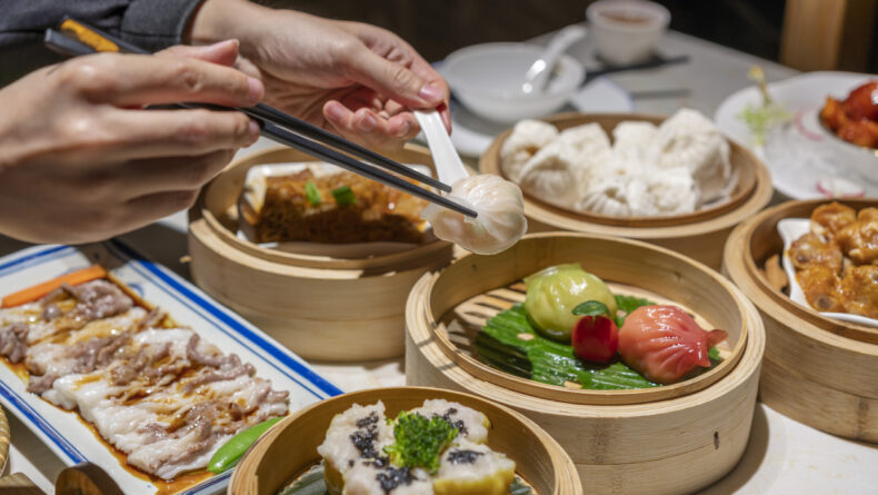 Dum sum including Three-colored Shrimp Dumplings, Honeycomb Tripes, Fried Turnip Cake, Siu Mai, Egg Tart, Barbecued Pork Bun, Pork Ribs in Black Bean Sauce, Sweet and Sour Pork, Steamed Vermicelli Roll or Chee Cheong Fun in the Chinese restaurant.