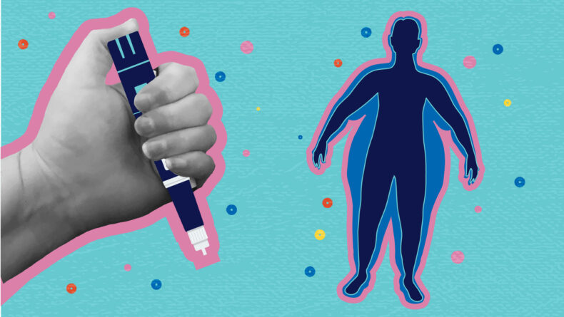 Ozempic in Japan: A Savvy Guide For Foreign Residents Vector illustration of Collage style hand holding semaglutide Injection Pen weight loss health concept with silhouette of obese person losing weight and vibrant colors. Therapy for weight loss and diabetes. Includes editable vector eps and high resolution jpg.